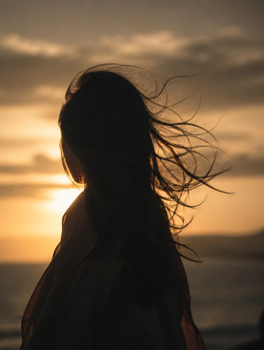 Silhouette of a person with hair blowing in the wind against a golden dusk sky