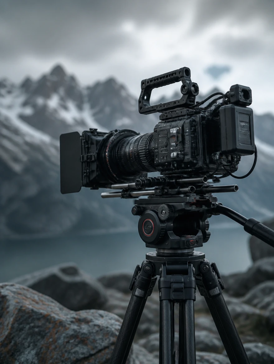 A professional cinema camera rig on a tripod against a moody mountain backdrop