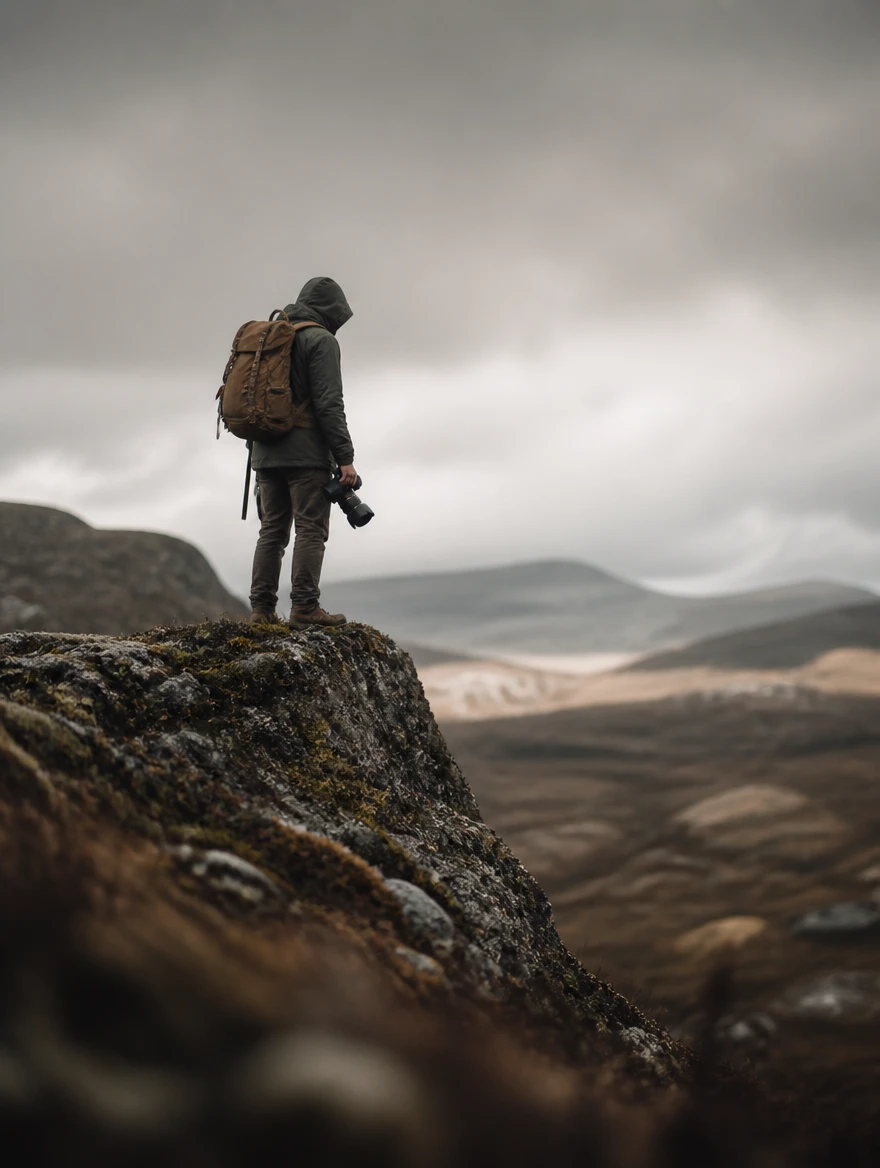 A photographer standing on a rocky outcrop overlooking a misty valley