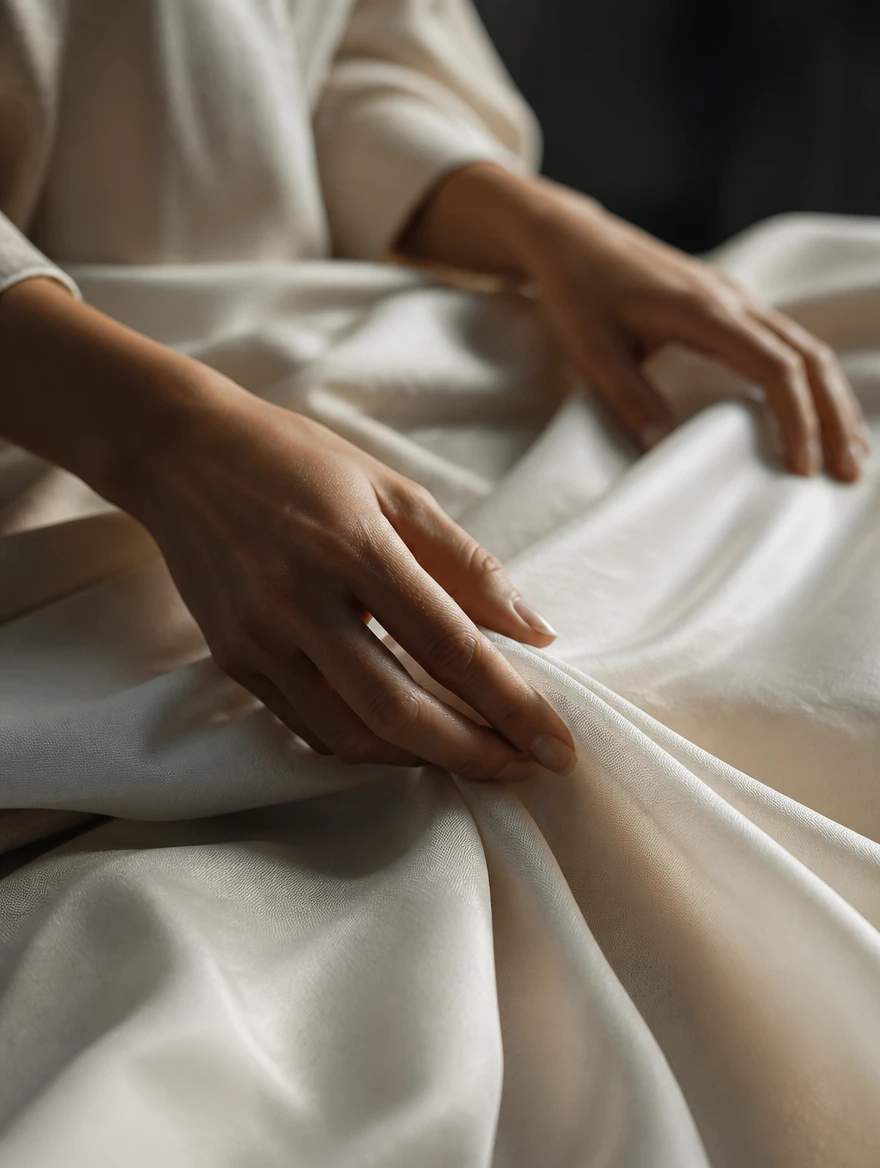 Close up of hands touching draped ivory fabric