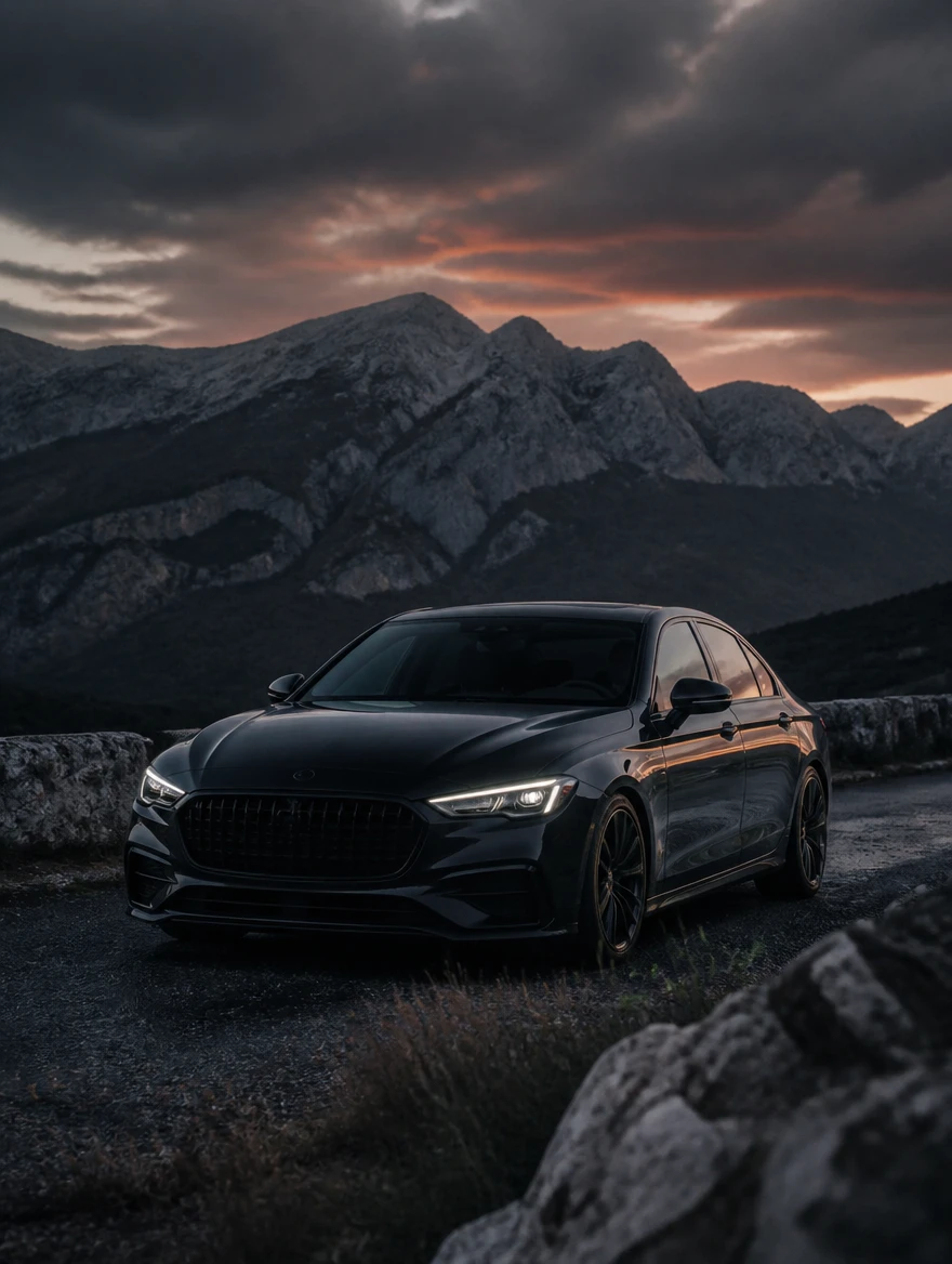 A dark premium sedan on a mountain road at dusk