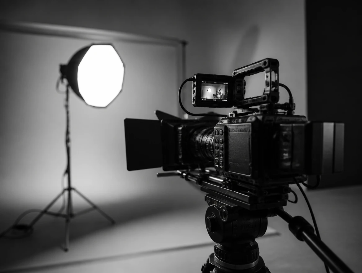 A professional cinema camera rig on a tripod in a minimal studio, black and white