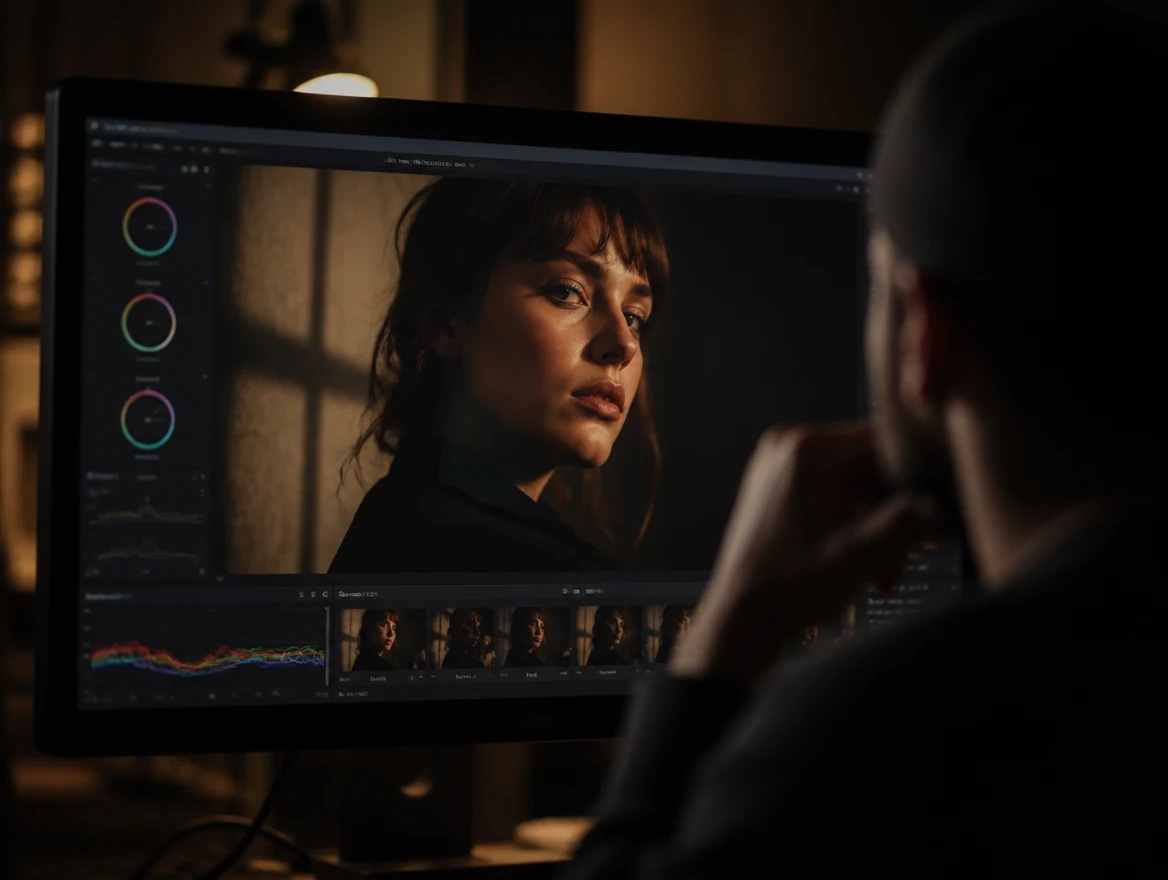 A color grading monitor displaying a portrait mid edit, editor silhouette in foreground