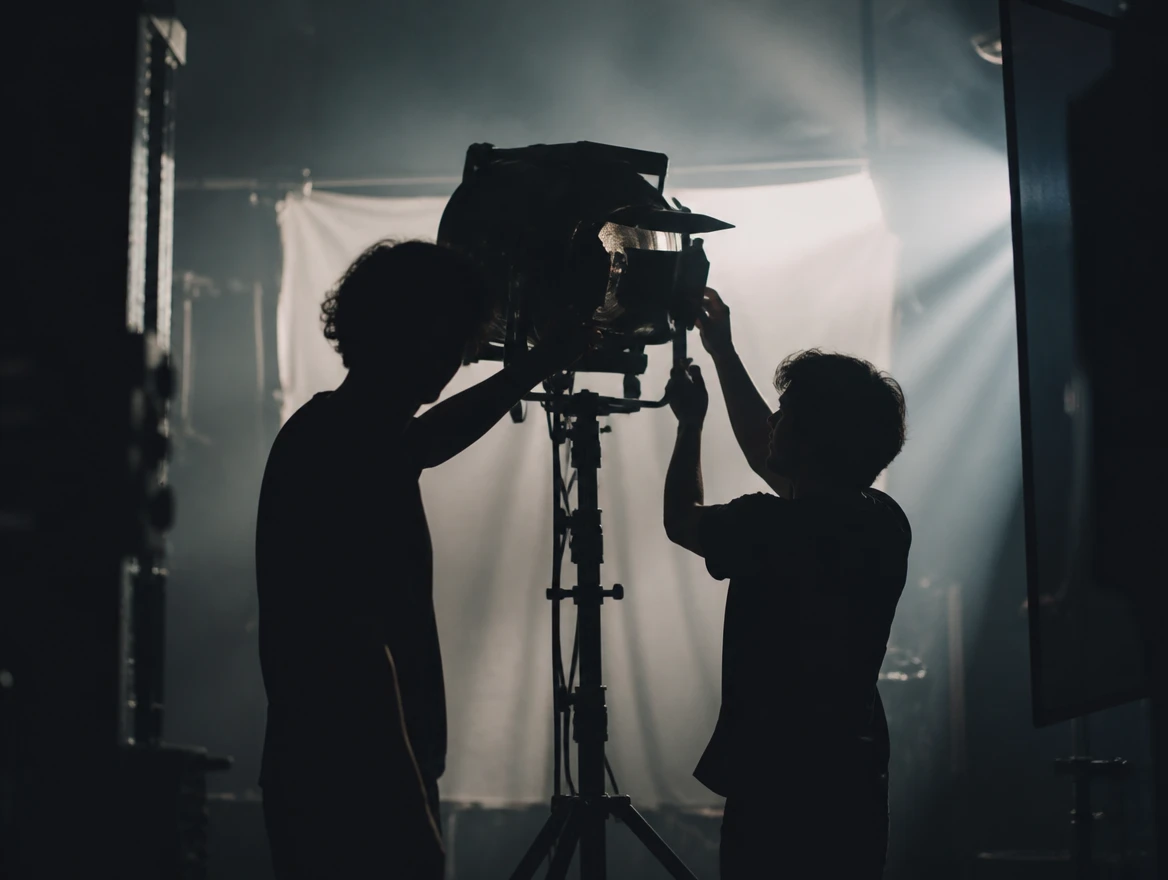Two crew members in silhouette adjusting film lighting equipment on set