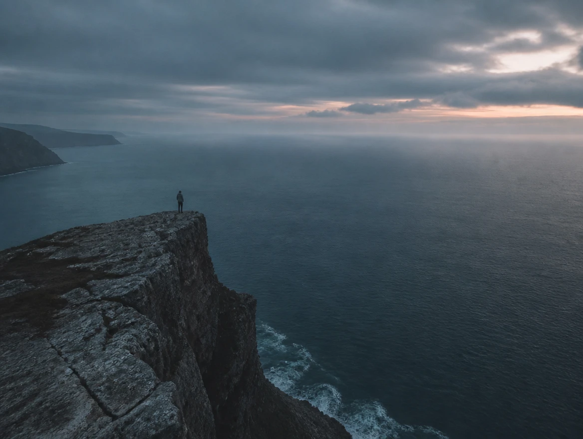 A solitary figure on a rocky coastal cliff overlooking the sea at dusk