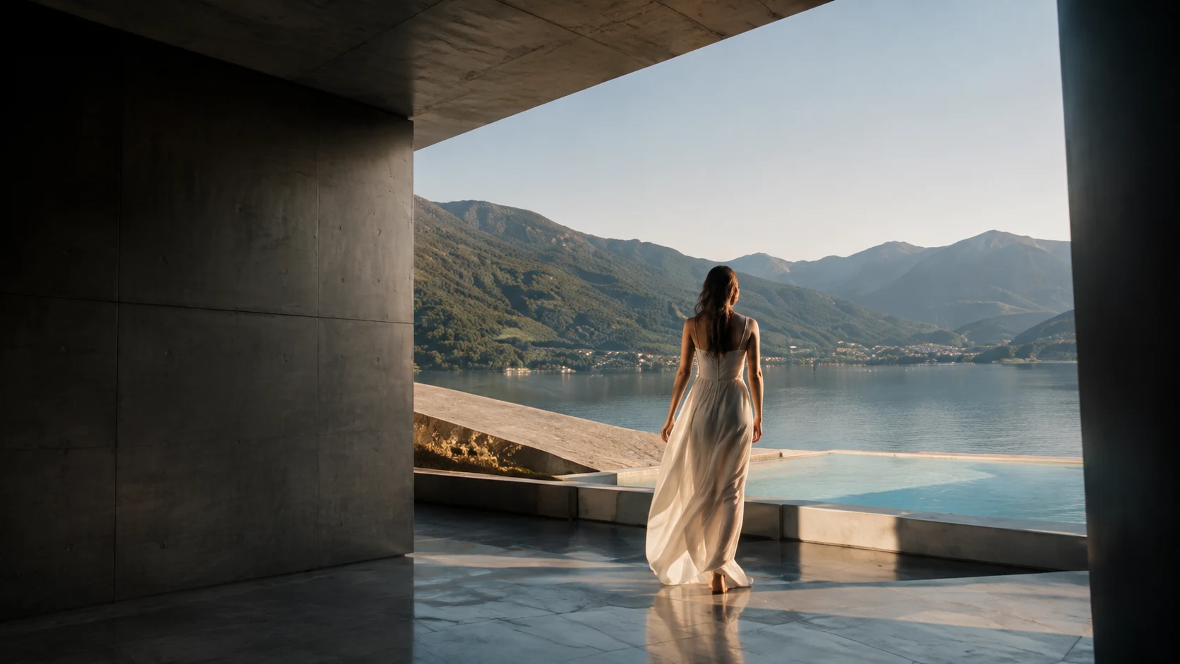 A woman in an ivory dress overlooking an alpine lake from a concrete villa